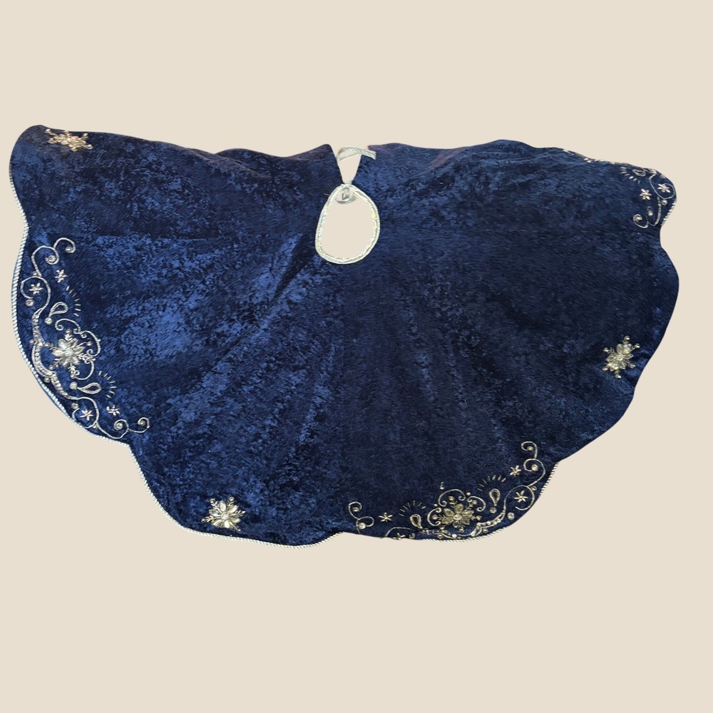 Vintage Christmas Tree Skirt Navy Blue Crushed Velvet Gold Beaded Snowflake